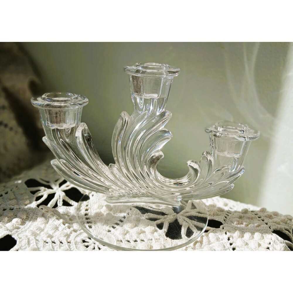 Pair of 3 Light Glass Candlesticks Corsage Clear by Fostoria Vintage 1940s